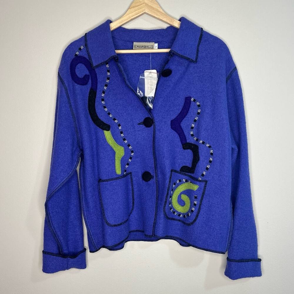 NWT Canvasbacks 100% Wool Women’s Large Blue Green Purple Black Button Jacket
